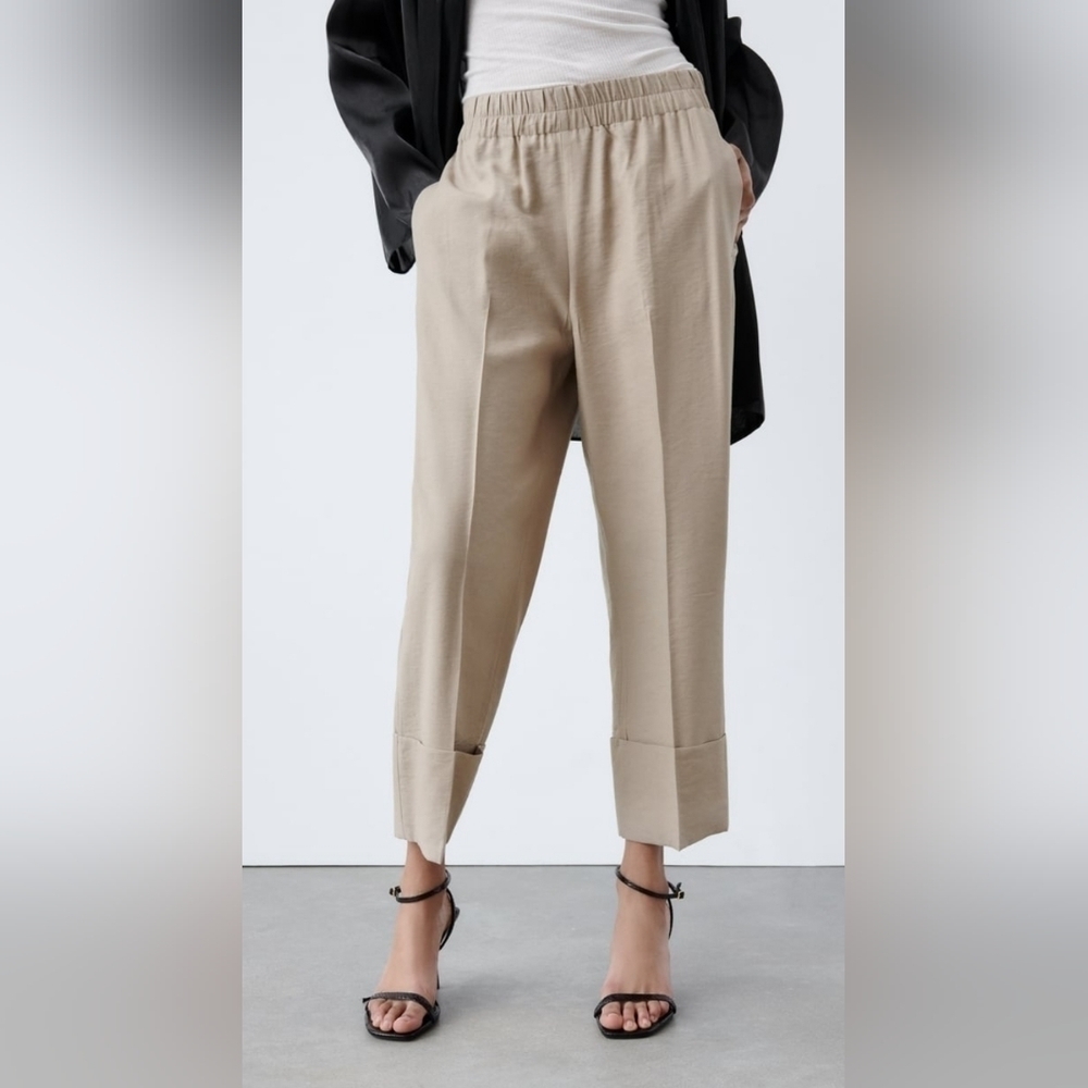 Zara Khaki Satin Cropped Trousers Women's Size Small NWT